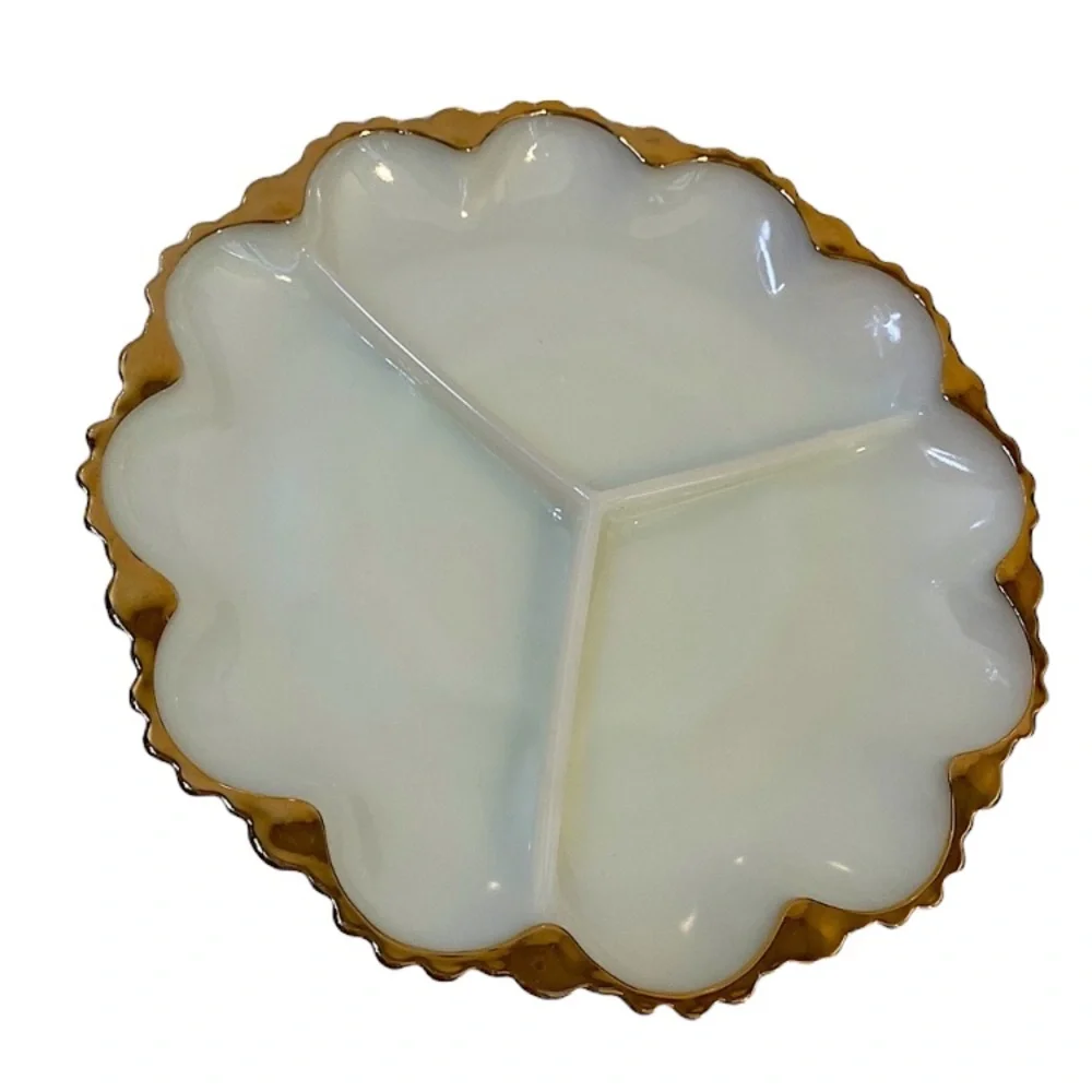 Vintage Antique Divided Serving Dish Holiday Depression Milk Glass White Gold